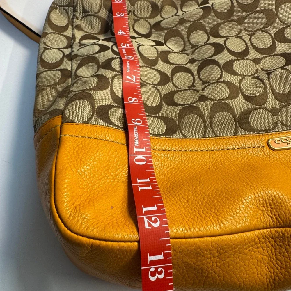 Coach Signature Canvas Hobo Bag Orange Leather Trim Khaki F23279